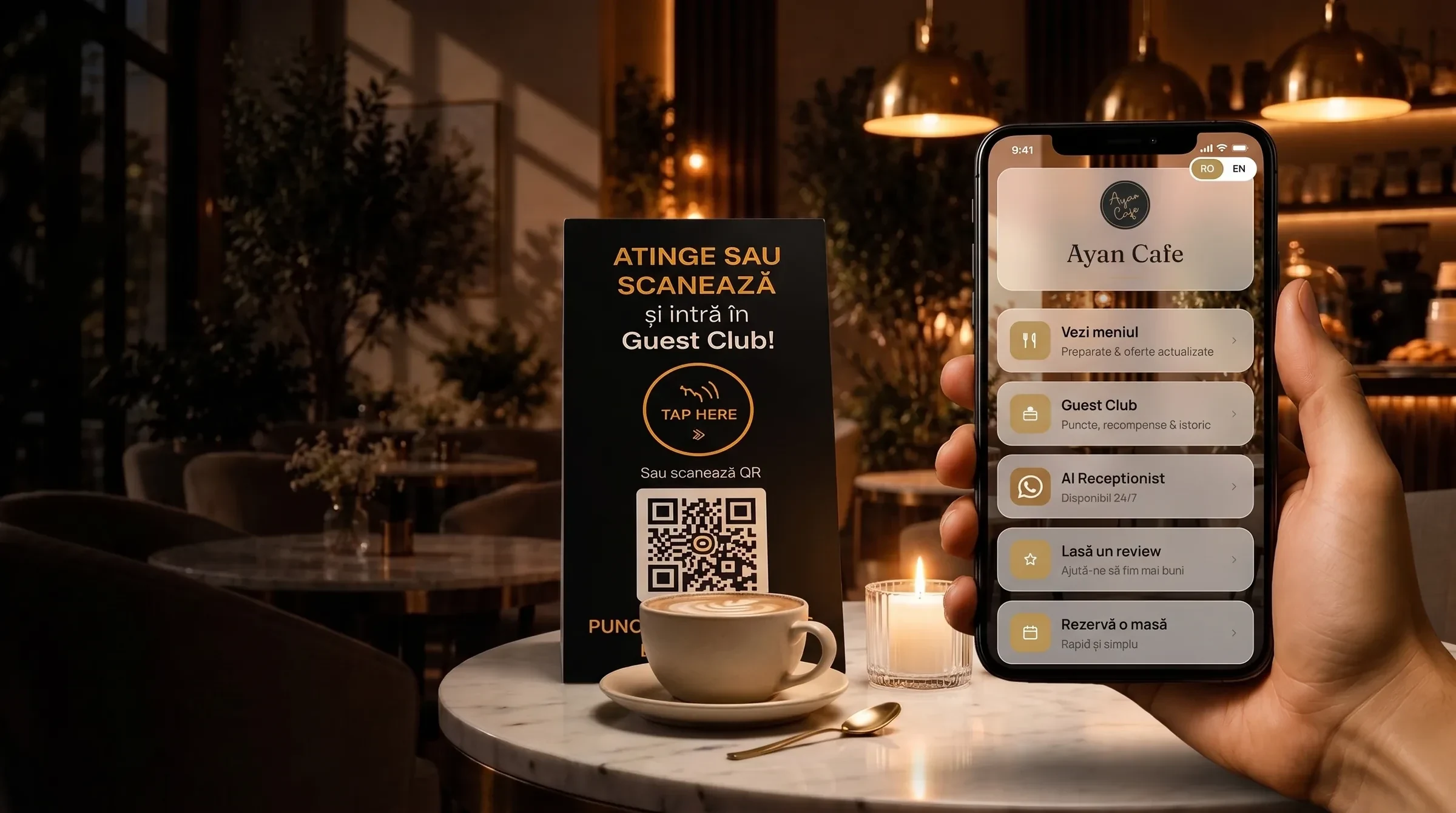 The Guest Club stand with NFC and a QR code on a café table, next to a guest's phone showing the Ayan Cafe page